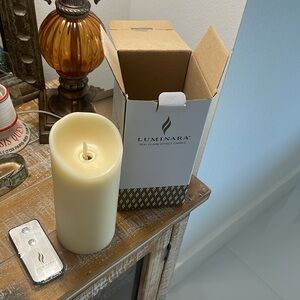 LUMINARA Beige Flameless 5" Pillar Candle in box with Remote